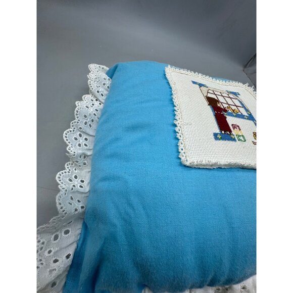 Handmade Blue Throw Pillow Cross Stitch Child bird Design White Lace Trim READ - Picture 4 of 8